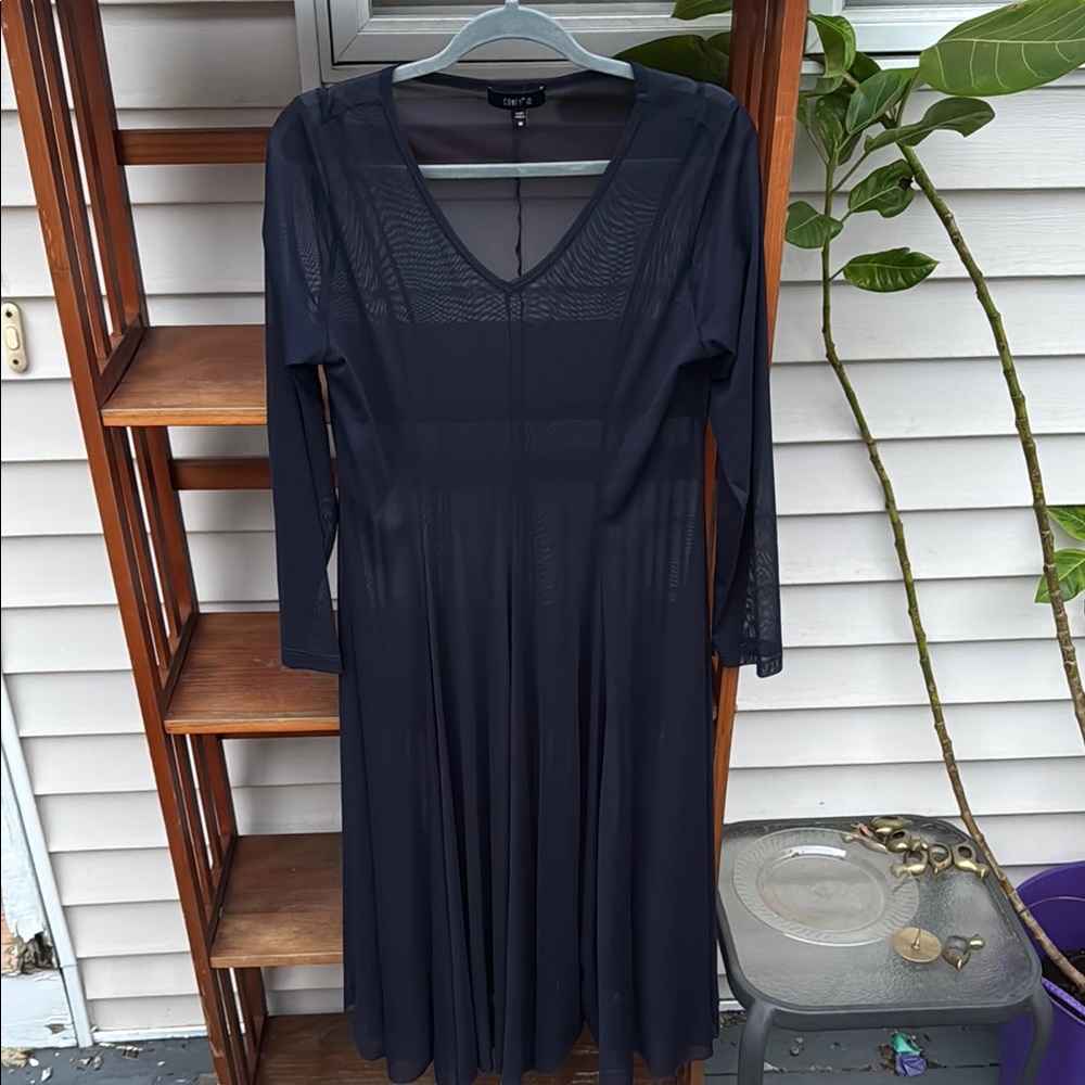Comfy USA Deep Blue Long Sleeve V-Neck Sheer Dress